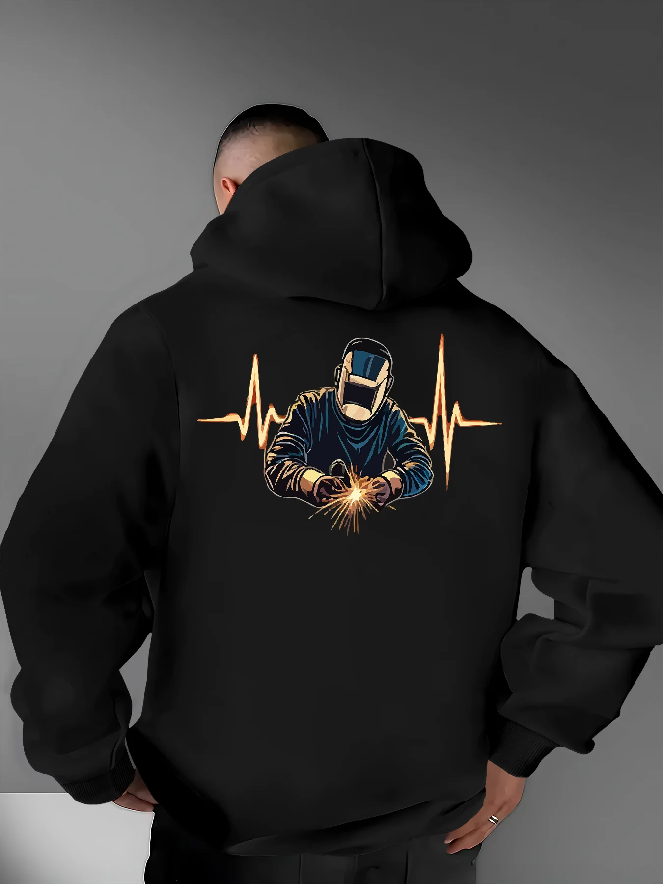 Street Welder Heartbeat Symbol Printed Men's Hoodie - Hip-Hop Sporty Simple Casual Warmth Daily Hooded Sweatshirt