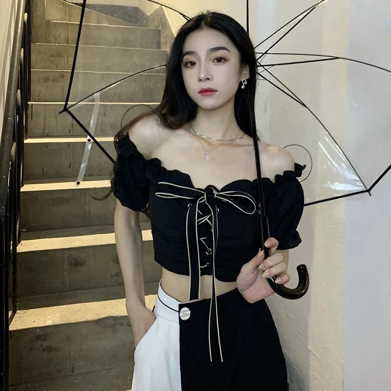 Women\'s One-Shoulder Bow Tie Short Sleeve Blouse Chiffon Slim Dew Neck Bubble Sleeve Short Sleeve Blouse Tops