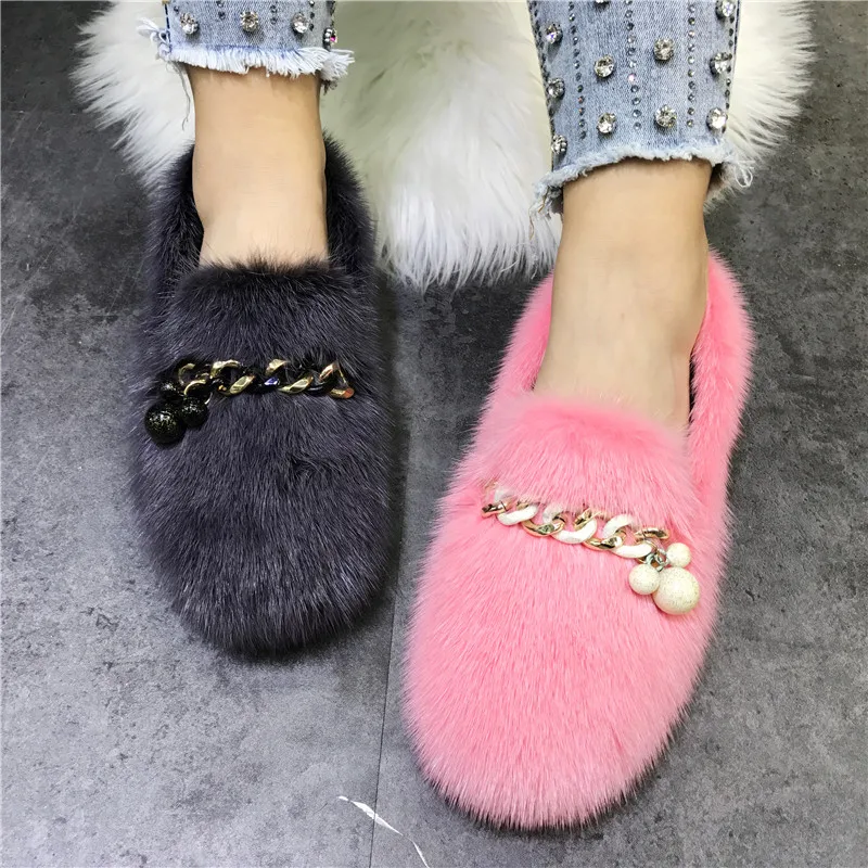 Fashion White Women Flats Chains Casual Moccasins Real Mink Fur Winter Warm Loafers Espadrilles Ladies Platform Fur Shoes