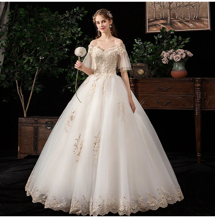 Es Yiiya vestido de novia blanco con hombros descubiertos, apliques de princesa simples, vestido de baile hasta el suelo, talla grande, FH030