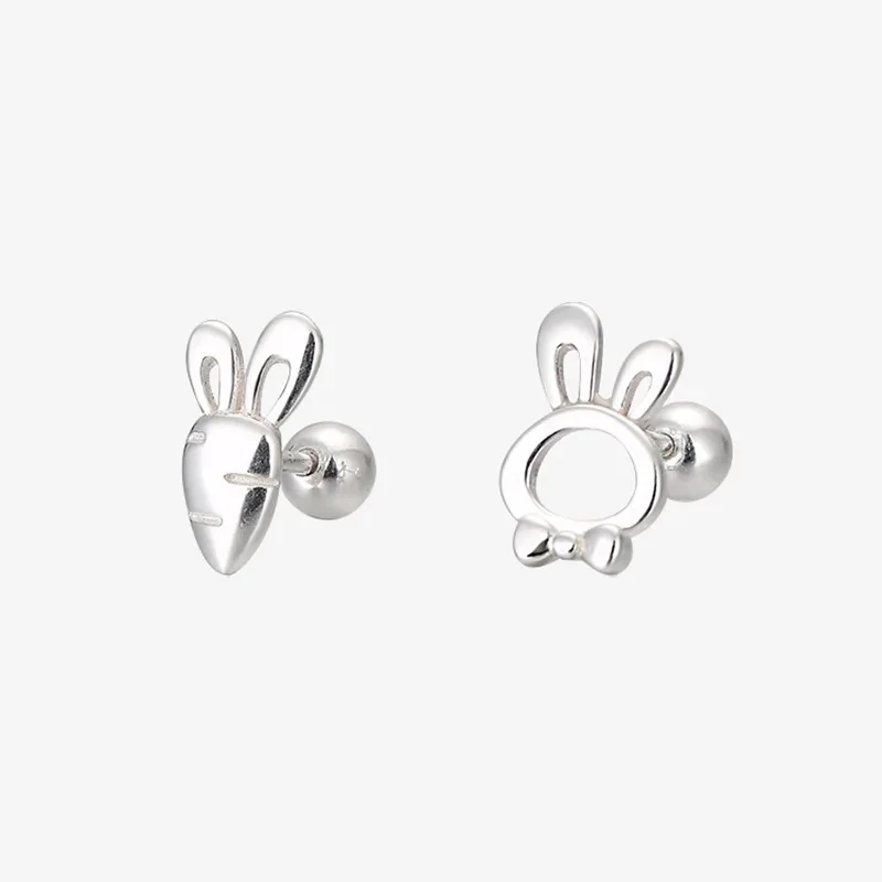 Trendy Simple Silver Color Rabbit Carrot Screw Earrings For Women Girls Cute Small Dog Charm Daily Commuting Jewelry Accessories