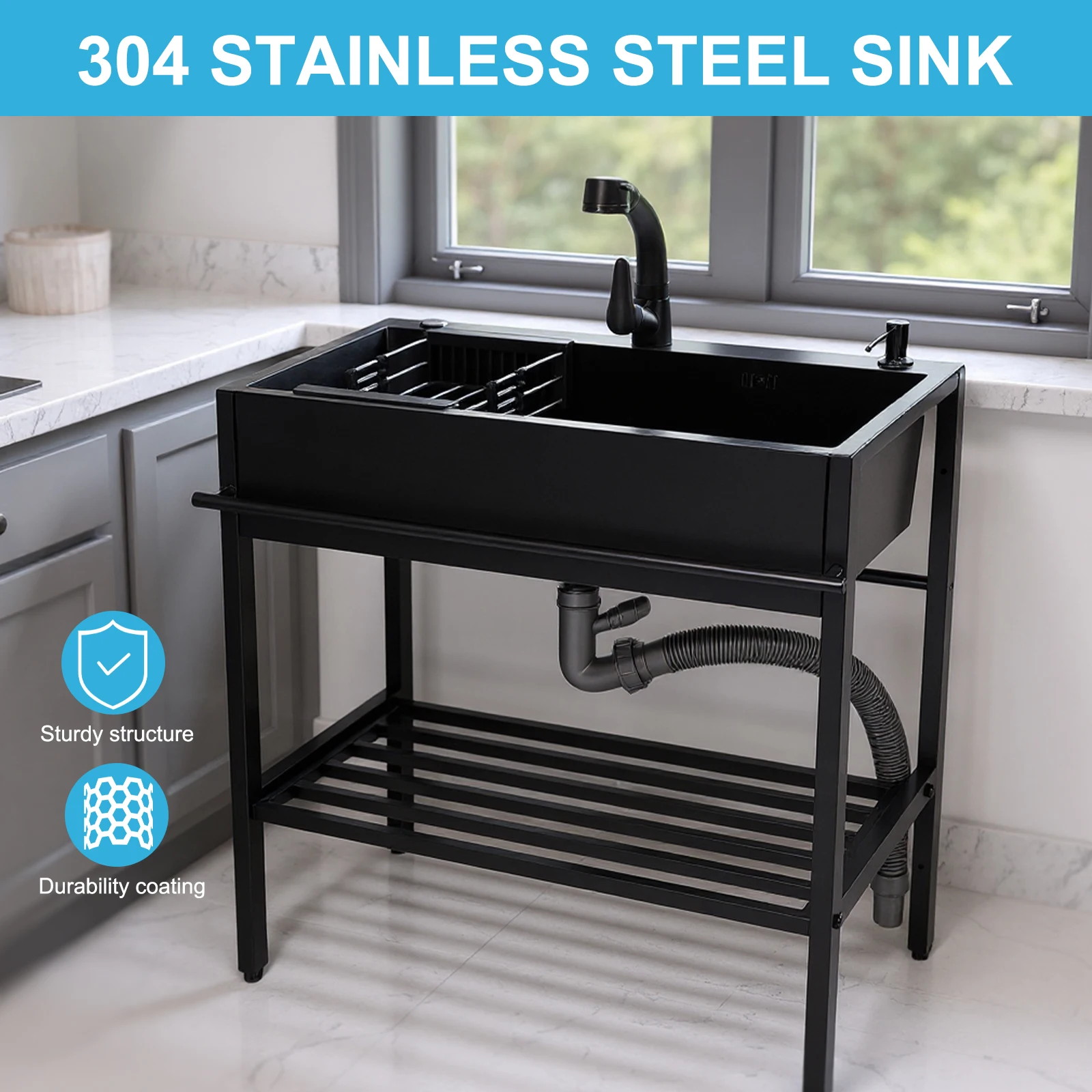 

Single Bowl Kitchen Sink with Cold & Hot Water Faucet Hoses and Drain Kit Freestanding Sink for Kitchens Laundry Room Garage