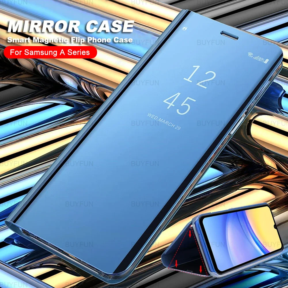 حافظة جلدية ذكية لمرآة سامسونج جالاكسي a05s ، a05 ، a15 ، 4g ، a25 ، a35 ، a55 ، a05 ، a05 ، a55 ، حامل كتب مغناطيسي