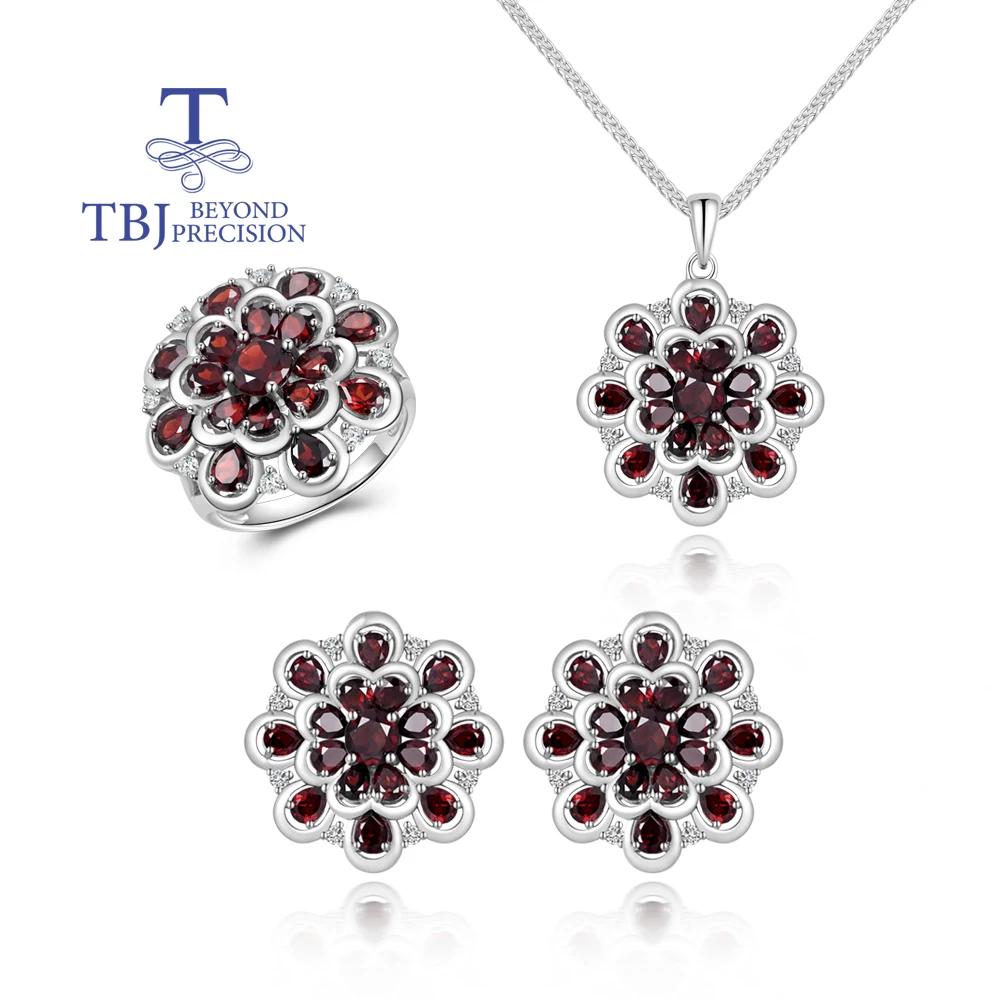 Gorgeous design January Birthstone Natural Garnet Ring Earrings Necklace silver set Women anniversary & Wedding & banquet gifts