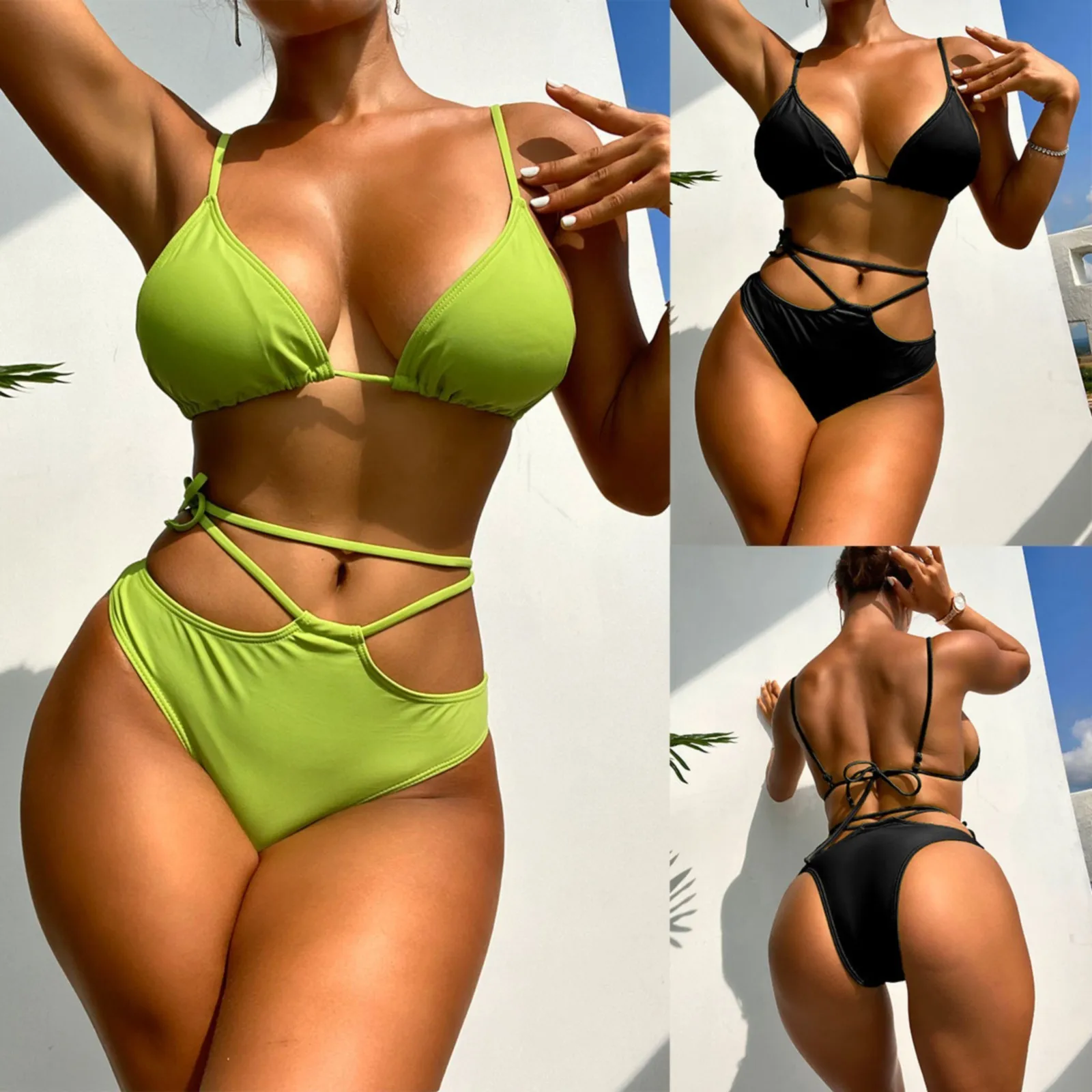 

Ladies Solid Color Bikini Tether Strap Sexy Two Piece Swimsuit Thong Biquinis Hawaii