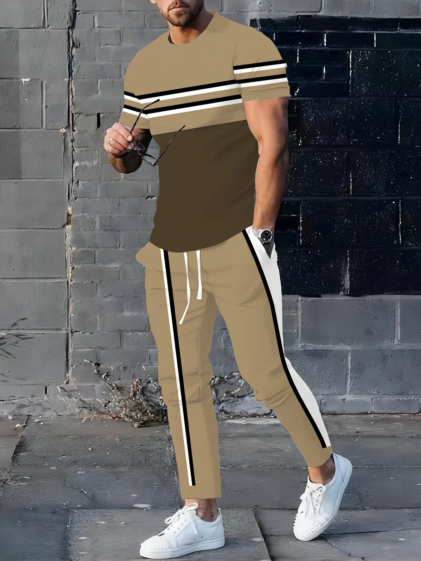 بدلة رجالية صيفية جديدة 2025 غير رسمية عصرية ومريحة وناعمة ثلاثية الأبعاد مخططة مطبوعة قابلة للتنفس