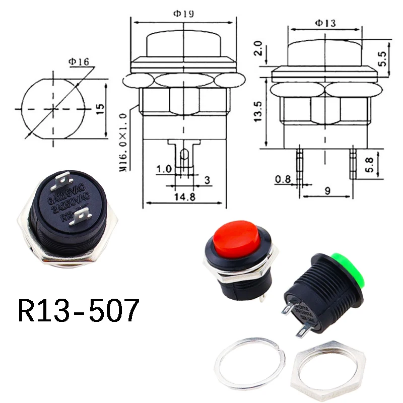 순간 푸시 단추 스위치, R13-507 라운드 스위치, 블랙, 레드, 그린, 화이트, 블루, 옐로우, 6A, 125VAC, 3A, 250VAC, 16mm, 10 개