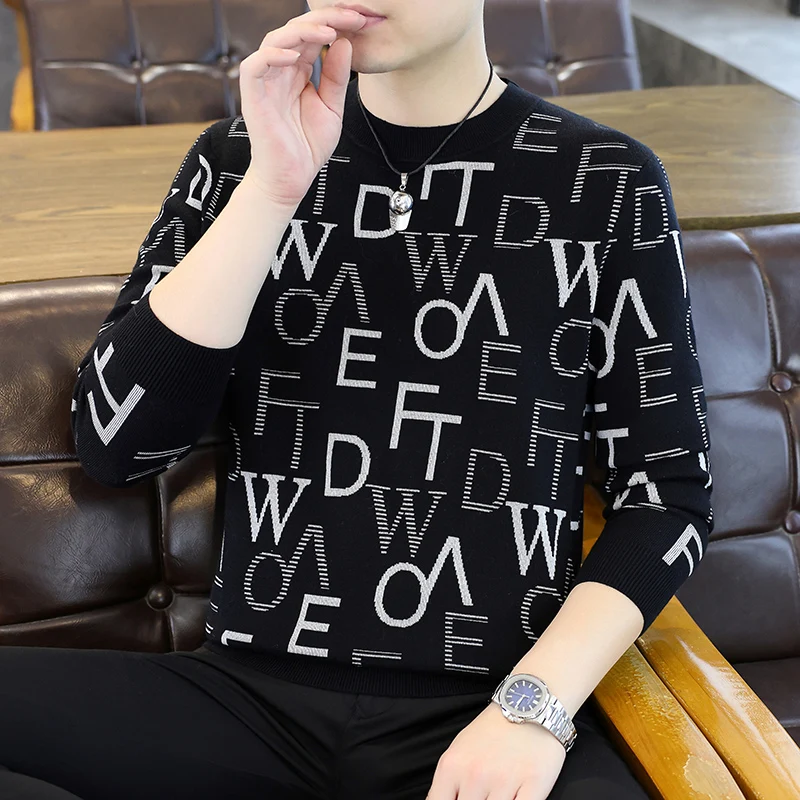 

Элитный мужской свитер с круглым вырезом и буквенным принтом, осенне-зимний, новый, вязаный, с длинными рукавами, шерстяной базовый слой, модный топ