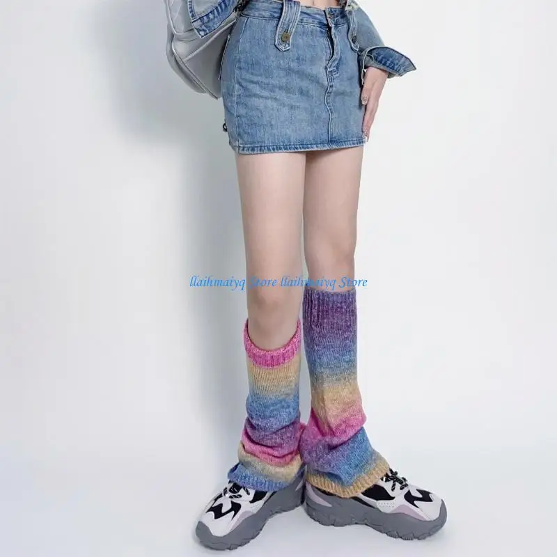 

573B Harajuku Women Knitted Leg Warmers Gradient Colorful Knee High Stockings