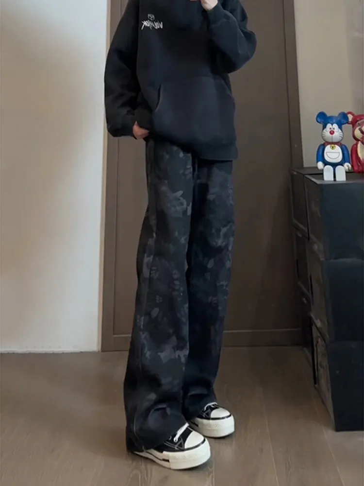 

Retro Faded Camouflage Snake Skin Jeans Men's Slim Fit High Risen Straight Leg Trousers Spring American Sle Narrow Version