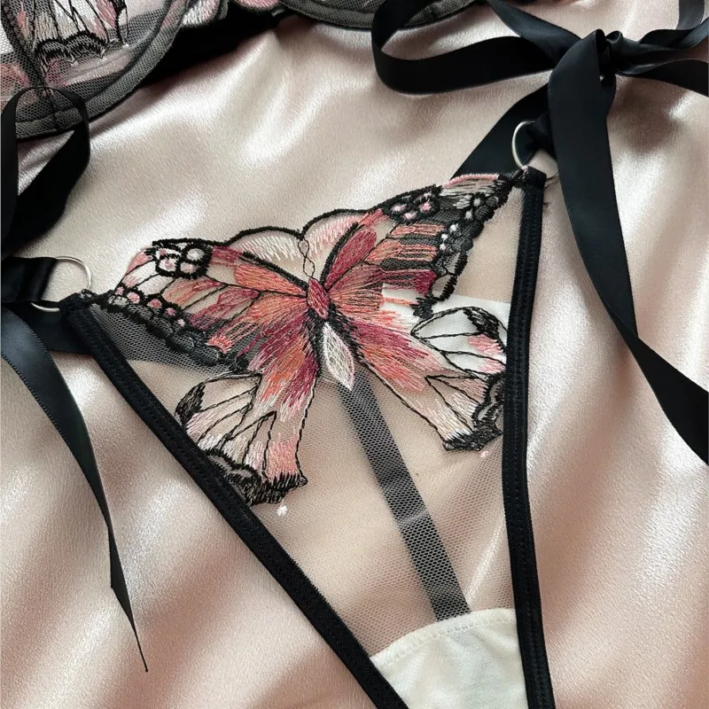 Butterfly Fantasy Lingerie Sheer Mesh Bra Panty with Bowknot Straps Exotic Lavender Underwear for Role Play Sexy Hot