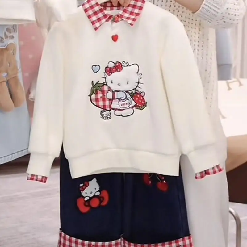 

Комплект одежды Sanrio для девочек, осенне-зимний детский свитшот, пуловер, милый топ-поло «Hello Kitty», брюки, костюм, детские спортивные костюмы, наряд