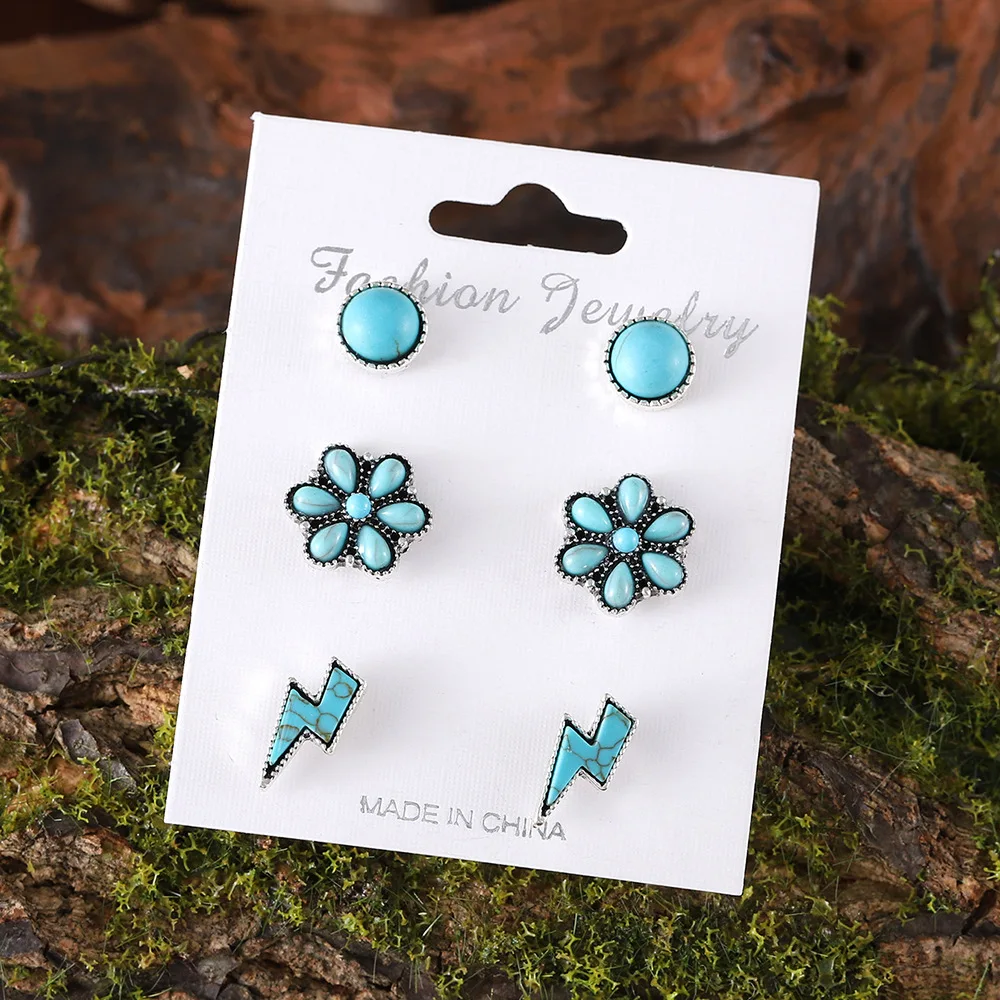 3-Pack Southwest Earrings -Navajo Style Lightning Bolt / Turquoise Flower Stud Earrings Set Wholesale - December Birthday Gift