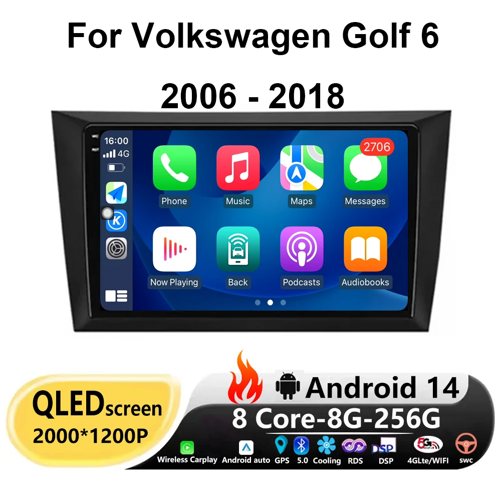 9'' Android 14 Video Player Auto Carplay For Volkswagen Golf 6 2006 - 2018 Car Radio Multimedia Stereo Navigation GPS WIFI QLED