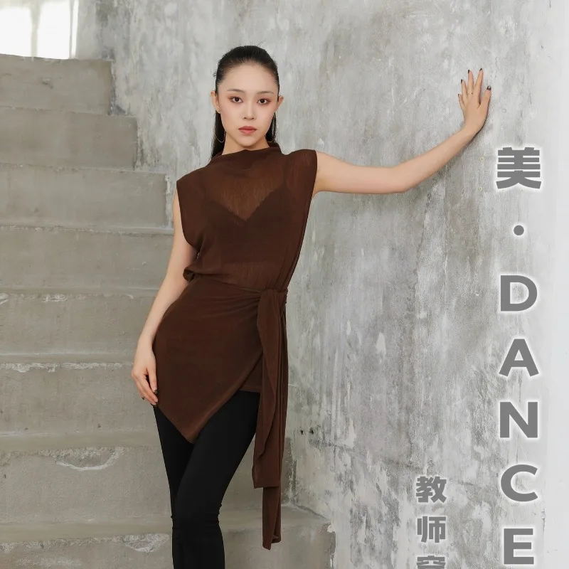 Customized Latin Dance Dress New Practice Outfit Teaching Class Leopard Print Mesh Sleeveless Lace Up Cover Dress