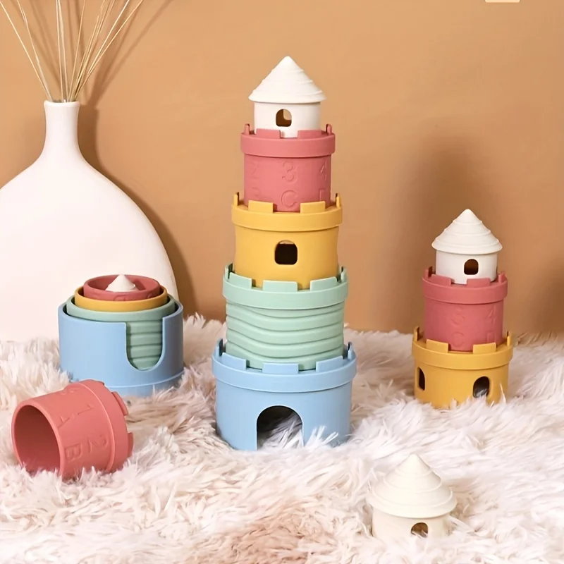 Stacking Cups Toy Fun Educational Baby Toys Silicone Soft Teething Toy Castle Frog Learning Tower Blocks for Infants Toddlers