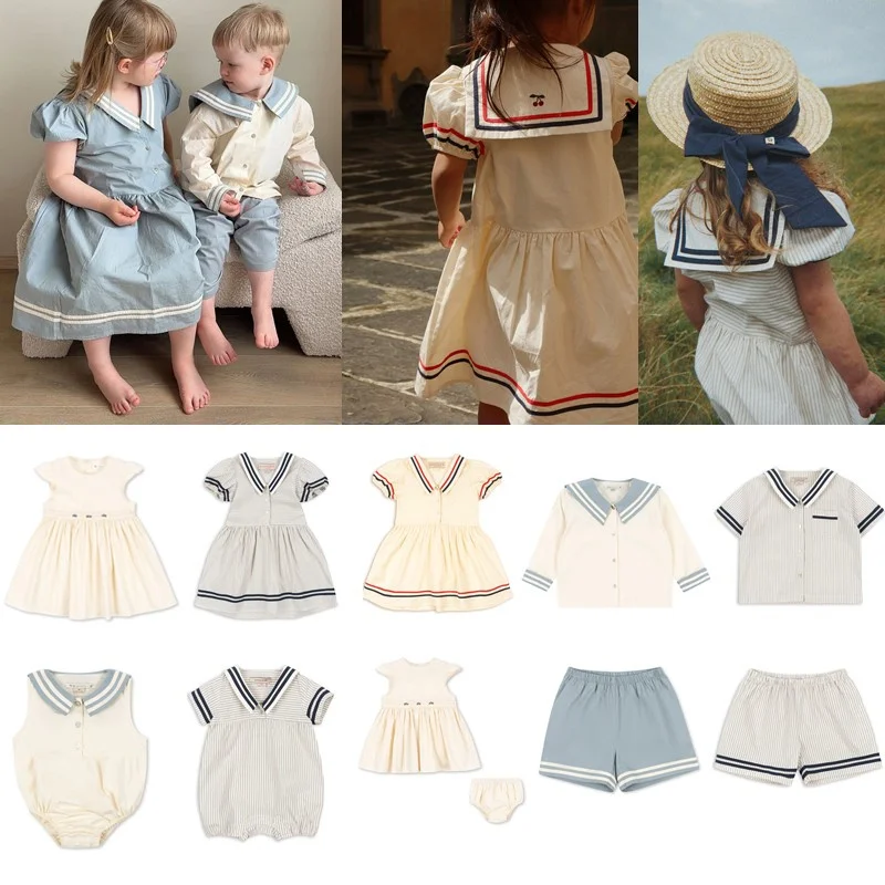 Children's Sets New Girls Dress 2026 Summer naval style Sweet Kids Tee Shirt and Shorts Suit Short Sleeve Striped Baby Rompers