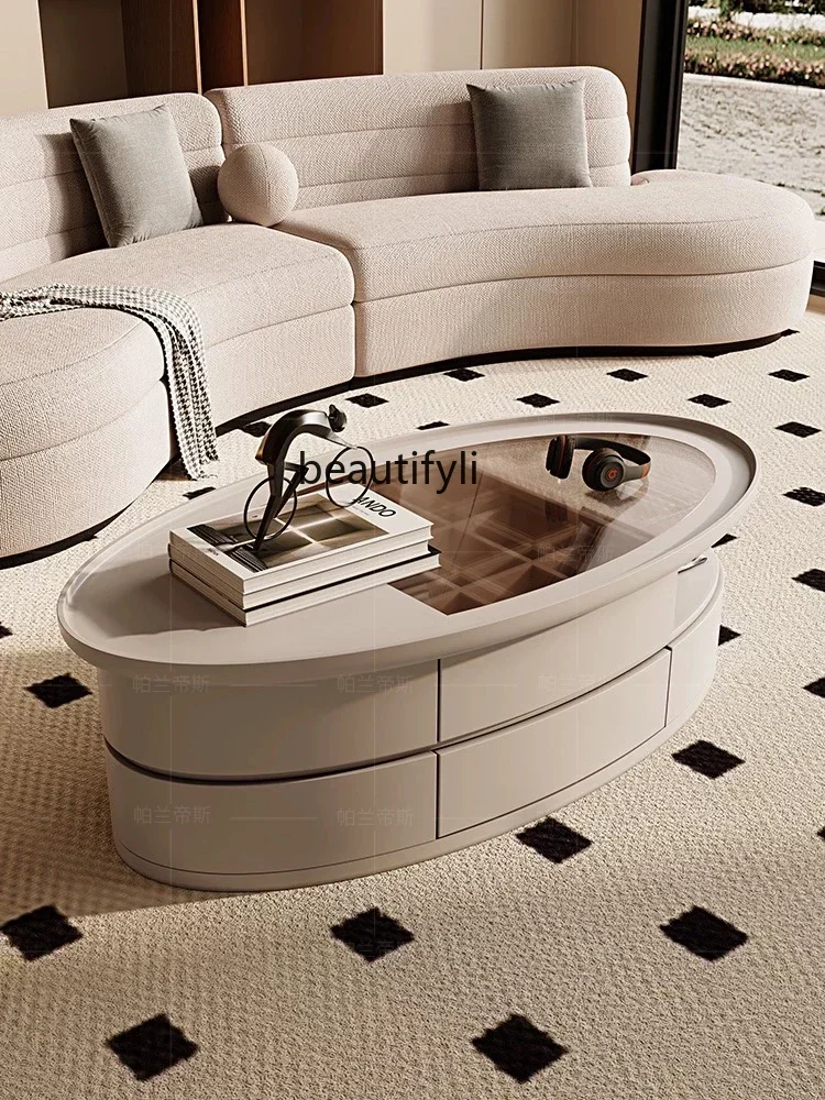 

yh New Coffee Table Designer Model round Arc Anti-Collision Modern Light Luxury Home Living Room Tea Table with Glass Surface