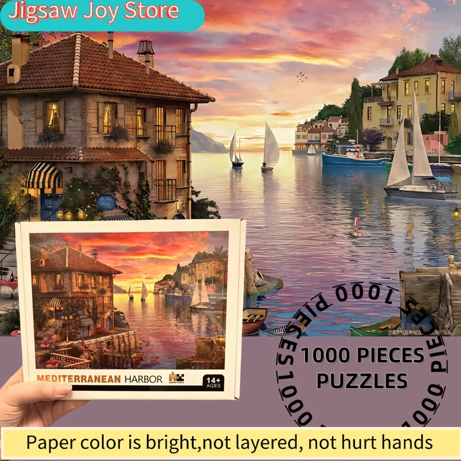 Adult Jigsaw Puzzle with Mediterranean Harbor Painting, Perfect for Easter, April Fool's Day, Independence Day, Friend's Birt