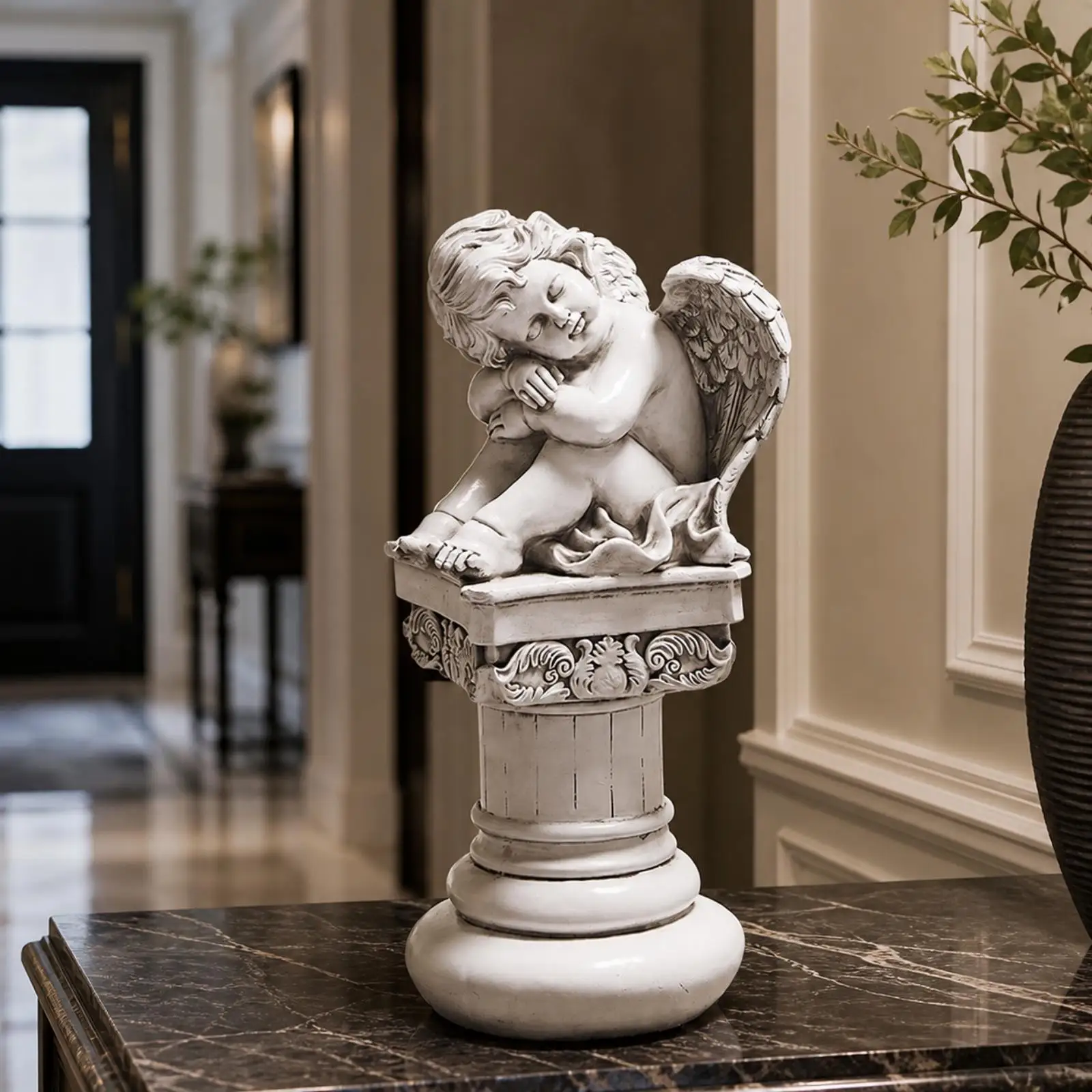 Large Resin Angel Figurine with Relief Column Base Stone Look Sculpture for Villa Garden Courtyard Entryway Decorative Ornament