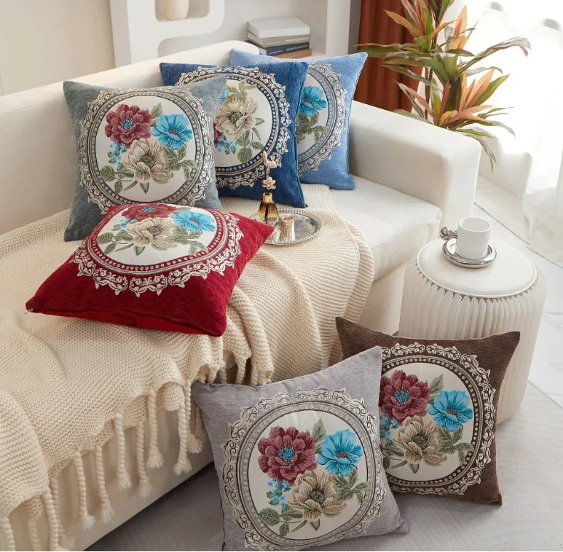 

Thickened Chenille Flower Sofa Cushion Pillowcase Plush Border Pillow Embroidered Rectangular Backrest Chair Lumbar Pillow Cover