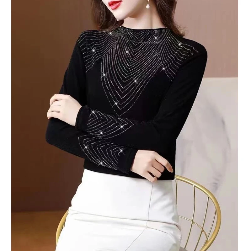 2023 autunno inverno donna moda coreana strass elegante maglietta di base nera sottile manica lunga mezzo collo alto peluche top caldi