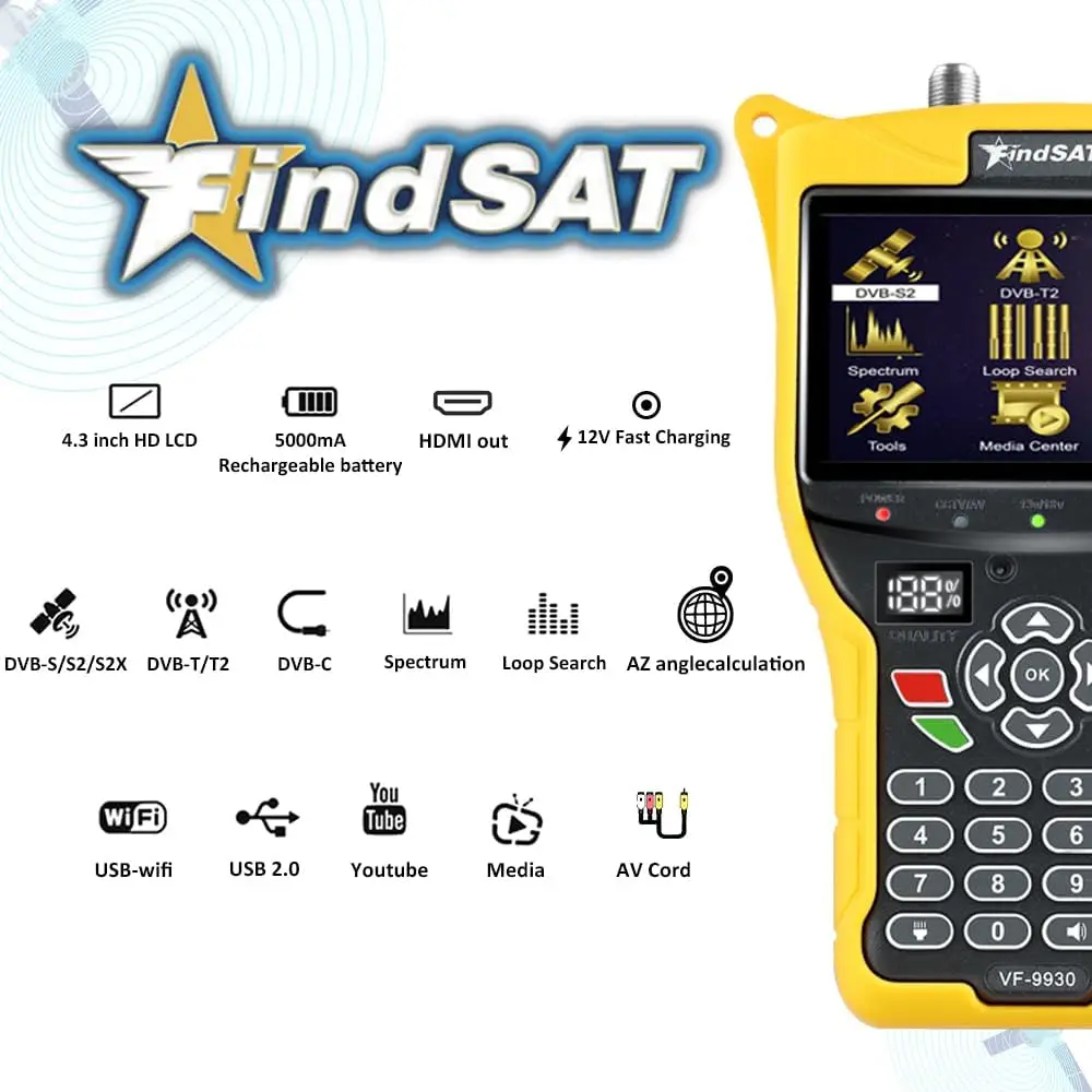 Findsat VF-9930 مكتشف اختياري CCTV DVB-S2/T2 MPEG4 H.265 الأقمار الصناعية مكتشف VF9930 HD Satfinder متر إشارة اختبار 4.3 بوصة LCD