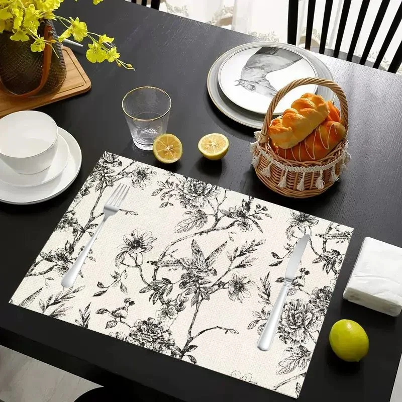 VIKAMA Placemat Cream Black Floral Branches, Waterproof Oil-Proof Heat-Resistant Woven Dining Table Mat for Home