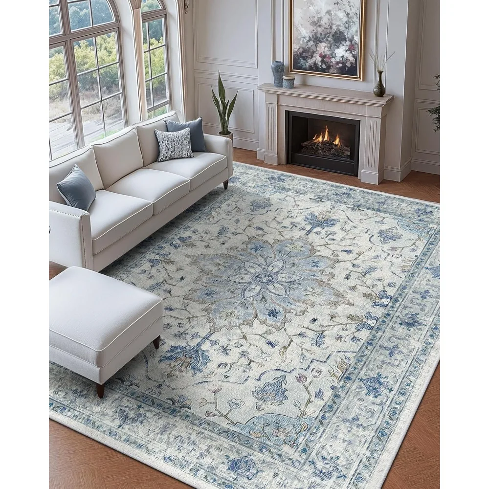 

Area Rugs 9'x12' Washable Non-slip, Floral Vintage Distress Print Pattern Medallion Carpet For Living Room Bedroom Dining Room,