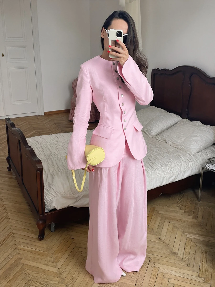 Wolfeel Fashionable and Elegant Two-piece Women's Round Neck Button Design Top and Wide Leg Pants Set Suitable for Office Wear