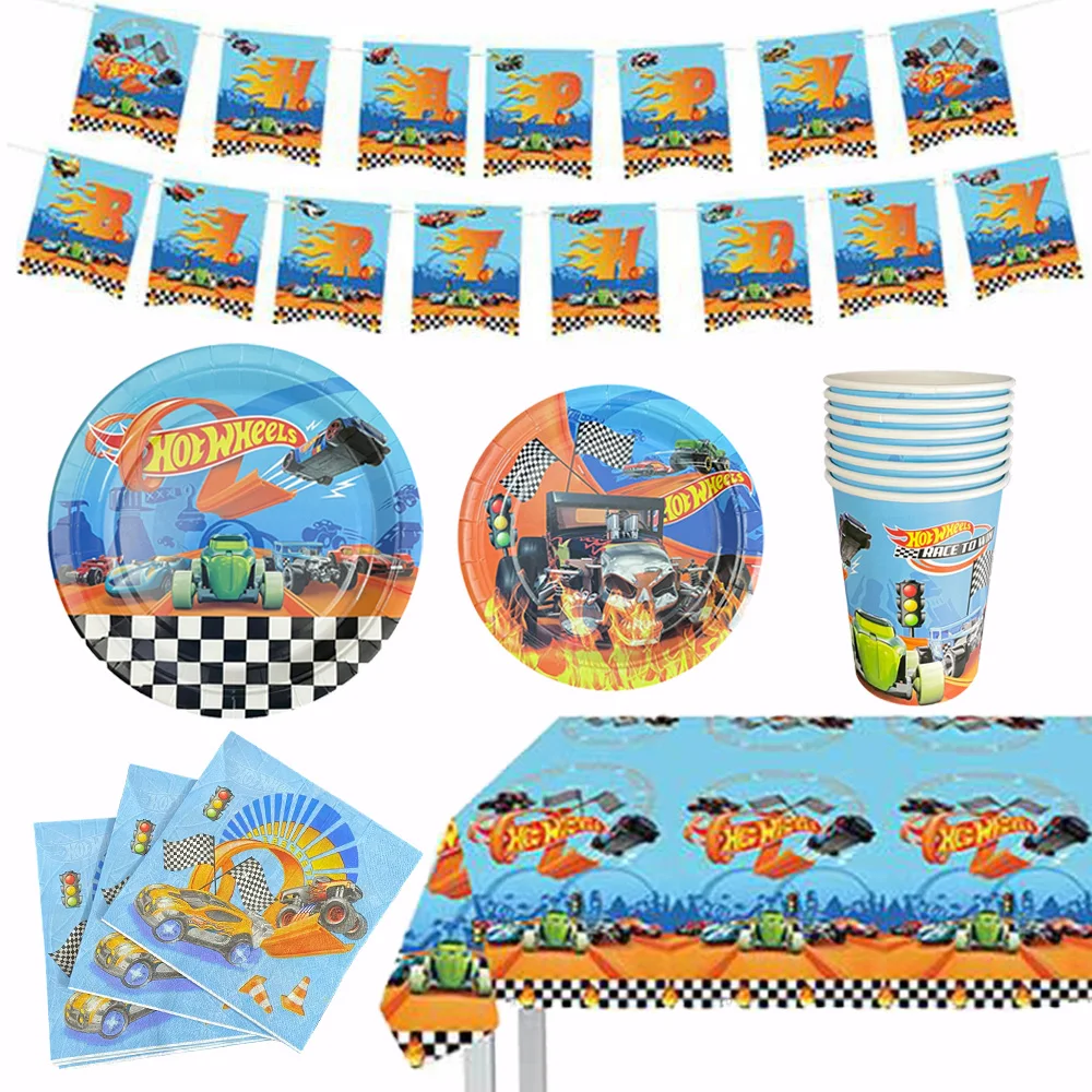 Race Car Birthday Supplies Hot Wheels Racing Theme Party Decor Checkered Banner Tableware Tablecloth Napkins Plates