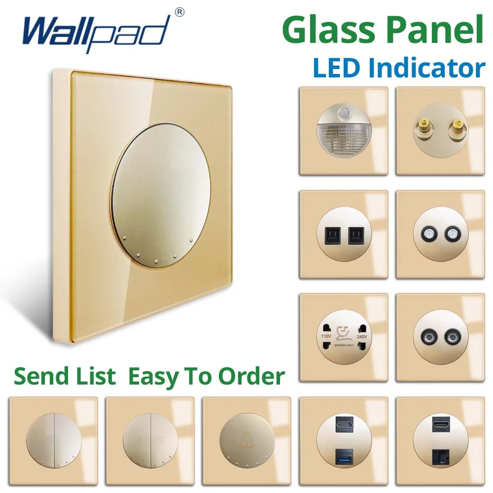 Wallpad Wall Switch and Socket Reset 3 Way Round Corner Gold Glass Panel USB EU UK Electric Outlet TV TEL RJ45 Sat HDMI