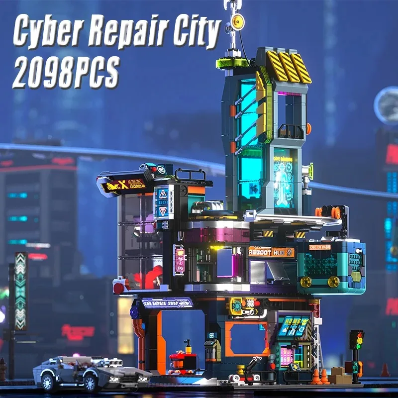 2098PCS 사이버펑크 수리 도시 블록 창의적인 거리 풍경 집 모듈식 건설 장난감 어린이 및 성인용 크리스마스 선물