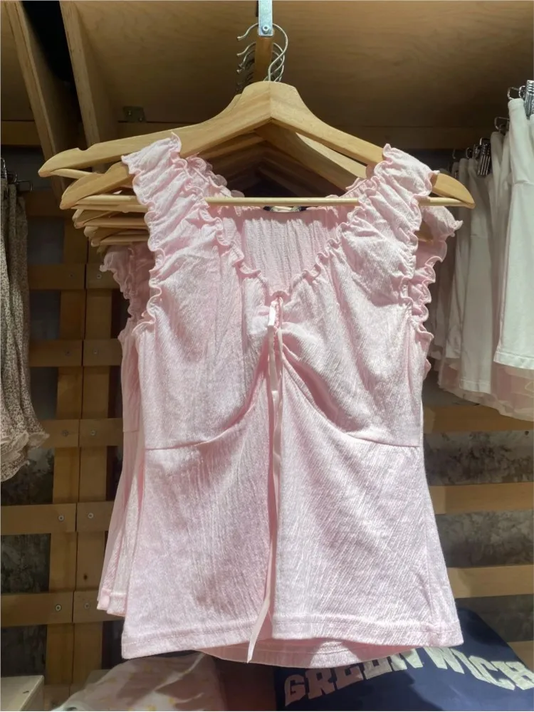 

Новые розовые тонкие топы на бретелях с отделкой грибка, женские летние сексуальные топы без рукавов с бантом и v-образным вырезом, хлопковый укороченный топ, повседневные простые милые милые жилеты Y2k