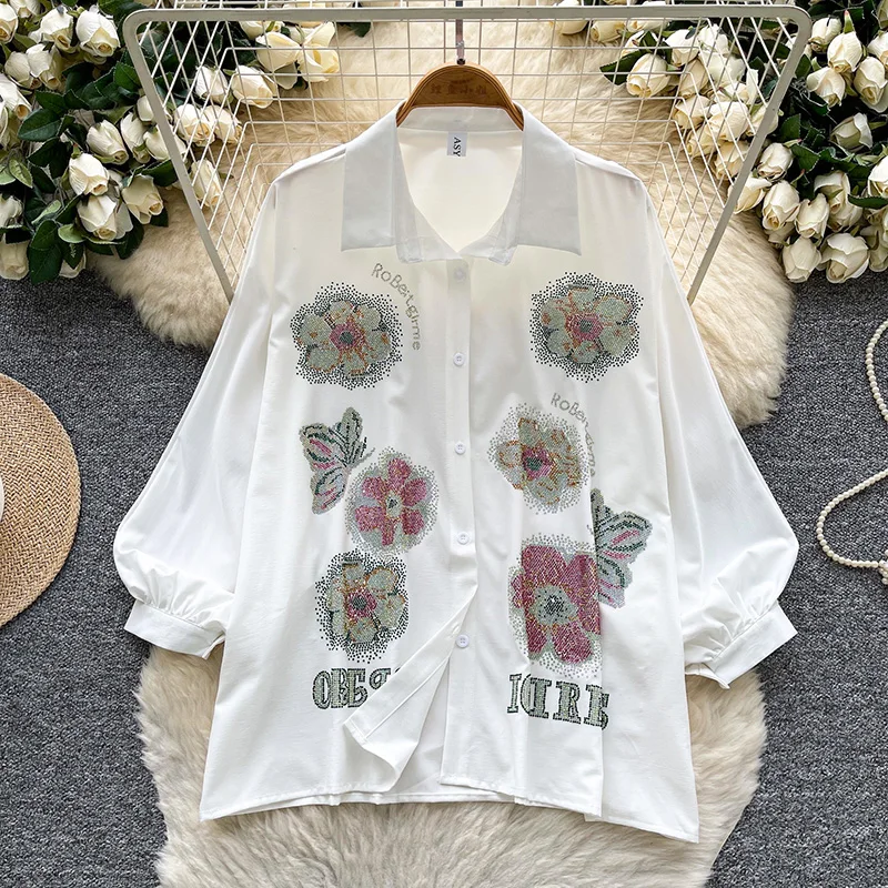 Camisa con cuello tipo Polo y mangas acampanadas para mujer, Top holgado con estampado en caliente y estampado de diamantes, estilo europeo americano, C367