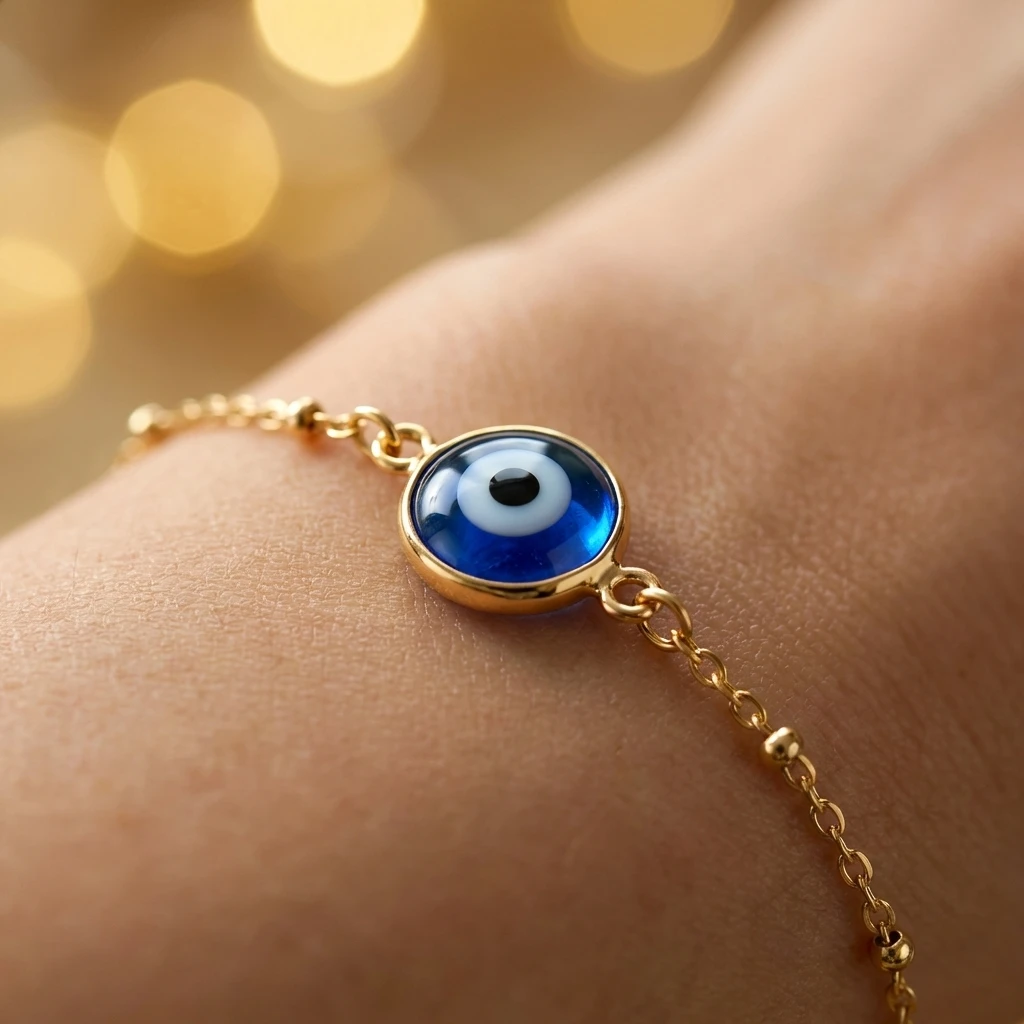 Lucky Evil Eye Inspired Bracelet for Women Blue Enamel Eye Charm Golden Tone Adjustable Wrist Jewelry Friendship Gift