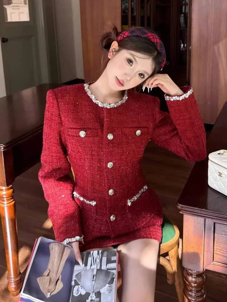 جودة عالية أزياء تويد الدعاوى النساء الحلو شيك سترة معطف + تنورة قصيرة 2 قطعة مجموعات الإناث الفرنسية أنيقة قطعتين وتتسابق #4