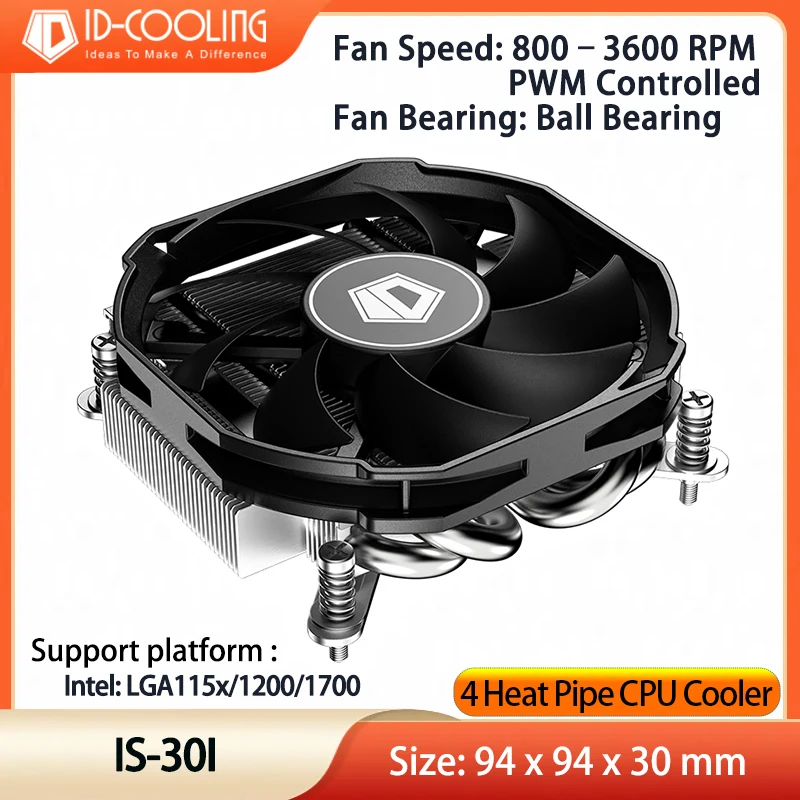 ID-COOLING IS-30i CPU Cooler PWM 3600RPM CPU Cooling Fan 4 Heat Pipes Low Profile Air-cooling Radiator for LGA1700 1200 115X