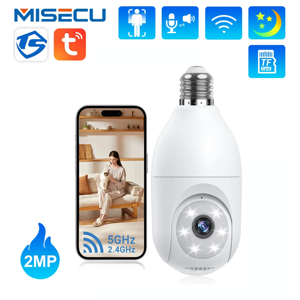 

MISECU 2.4G/5G Light Bulb E27 Wifi Camera Tuya Smart 2MP PTZ WIFI IP Dome Camera Outdoor Color Night Vision Security-protection