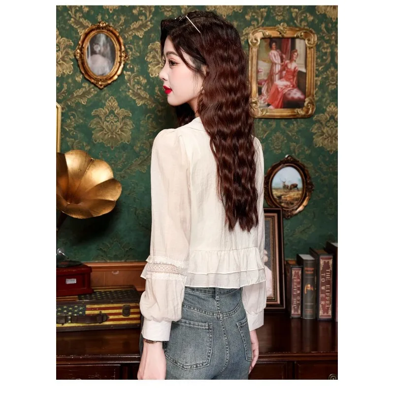 Cardigan Patchwork à manches longues et col de poupée pour femmes, chemise haute, couleur unie, ajouré, mode, haut élégant