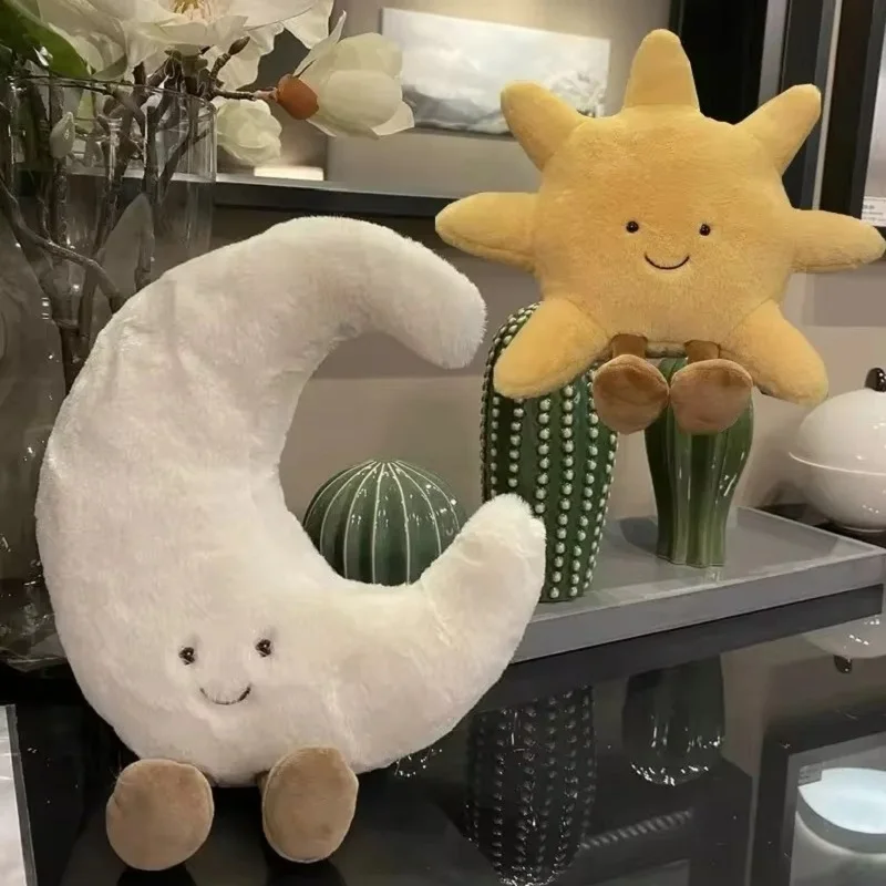 Adorable Smile Face White Moon Yellow Sun Plushie Stuffed Cute Cartoon Weather Plush Toy for Kid Bedroom Decor Sofa Throw Pillow