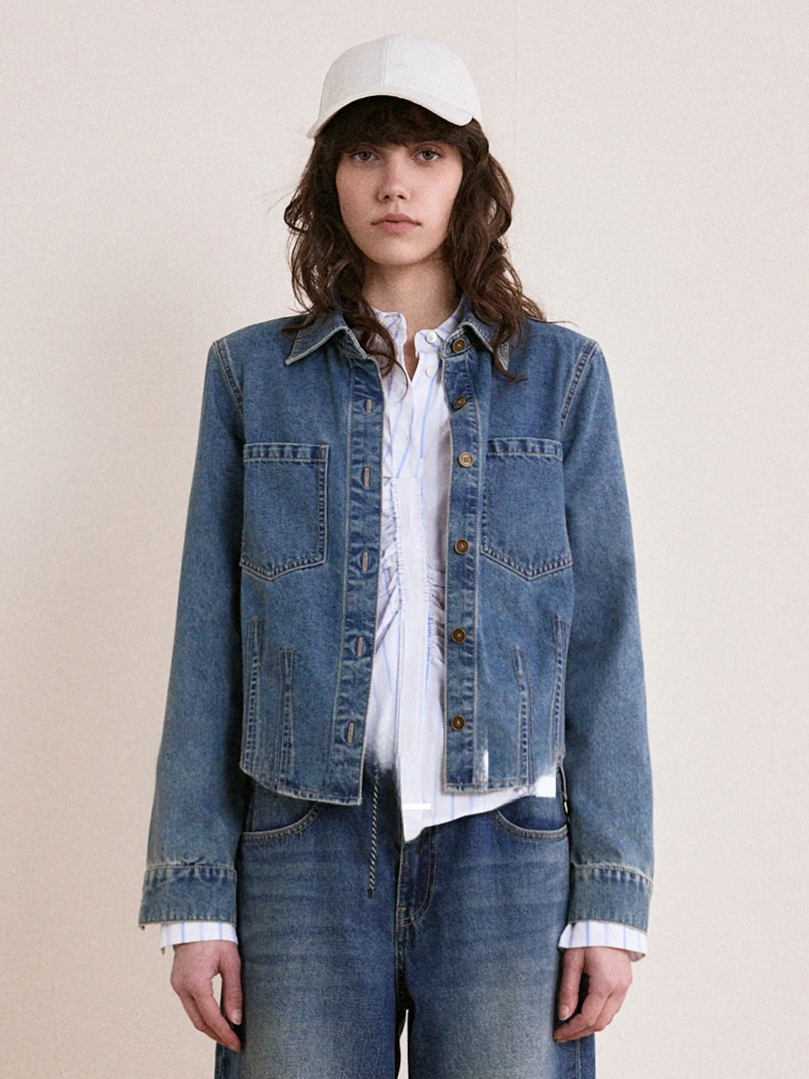 

Повседневный хлопковый джинсовый топ из твила с завязками на талии, универсальный женский топ с завязками на четыре сезона, дышащий длинный све