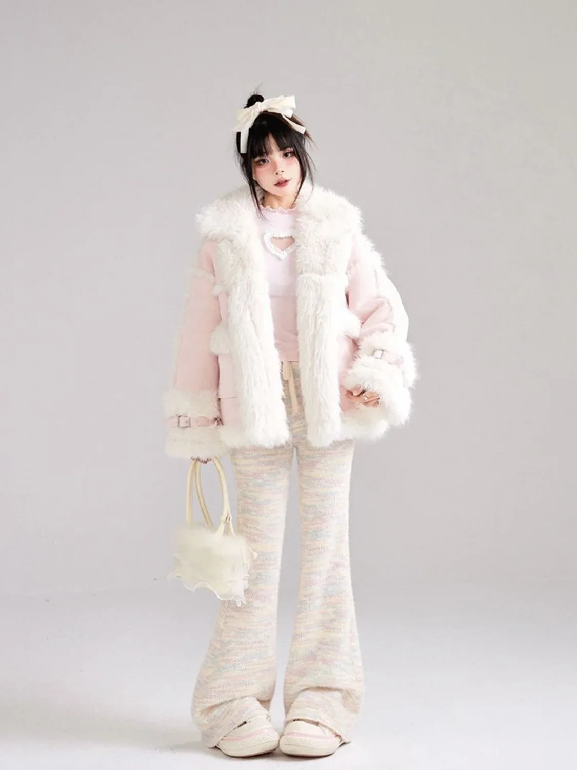 Roze bont en leer Jaet dames 2025, winter nieuw zoet ontwerp Sense Merging ort jas Fem Youth Long Sve met capuchon