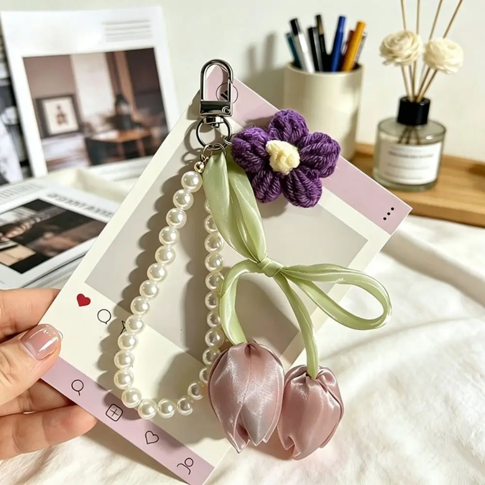 New Satin Ribbon Tulip Bag Charm Tulip Shape Crochet Flower Purse Pendant Easy Clip Floral Style Flower Bag Charm Handbag Charm
