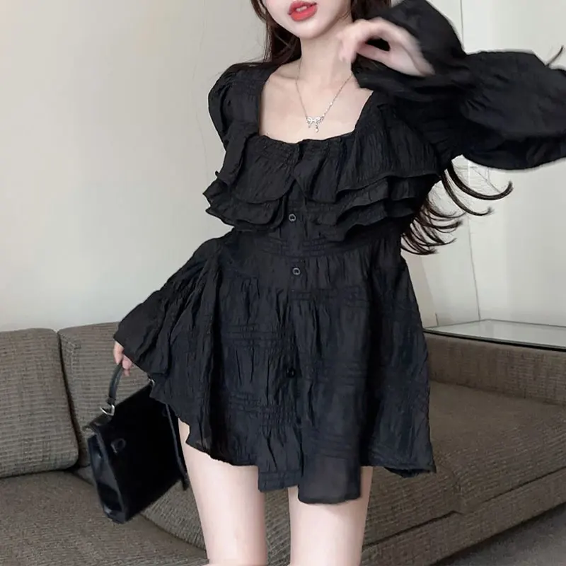 Elegant Square Collar Ruffles Blouse Spring Summer Slim Button Women\'s Clothing Commute Stylish Folds Basic Solid Color Shirt