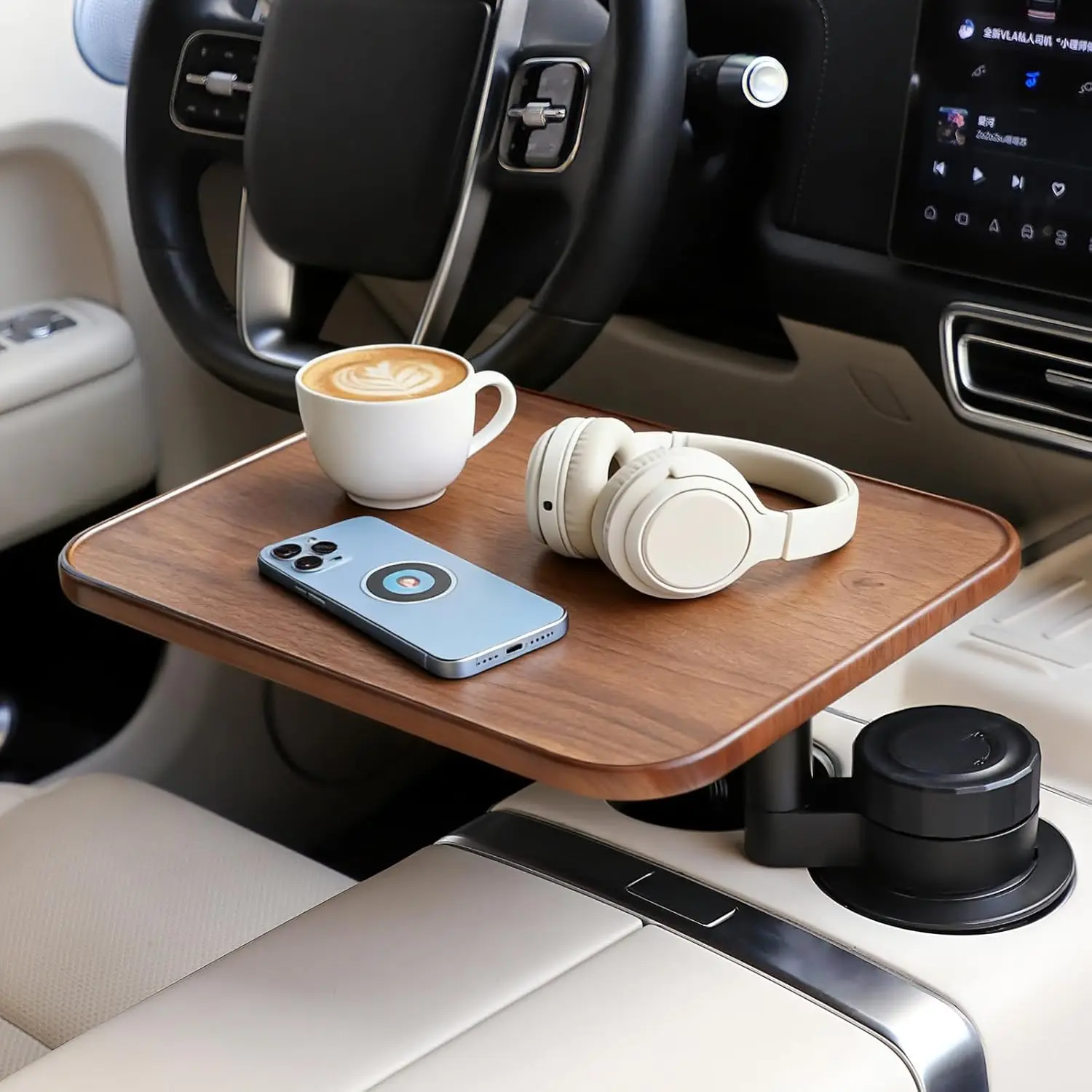 

360° Rotating Wood Car Tray & Desk for Laptop - Steering Wheel Cup Holder Table, Compatible with Most Vehicles