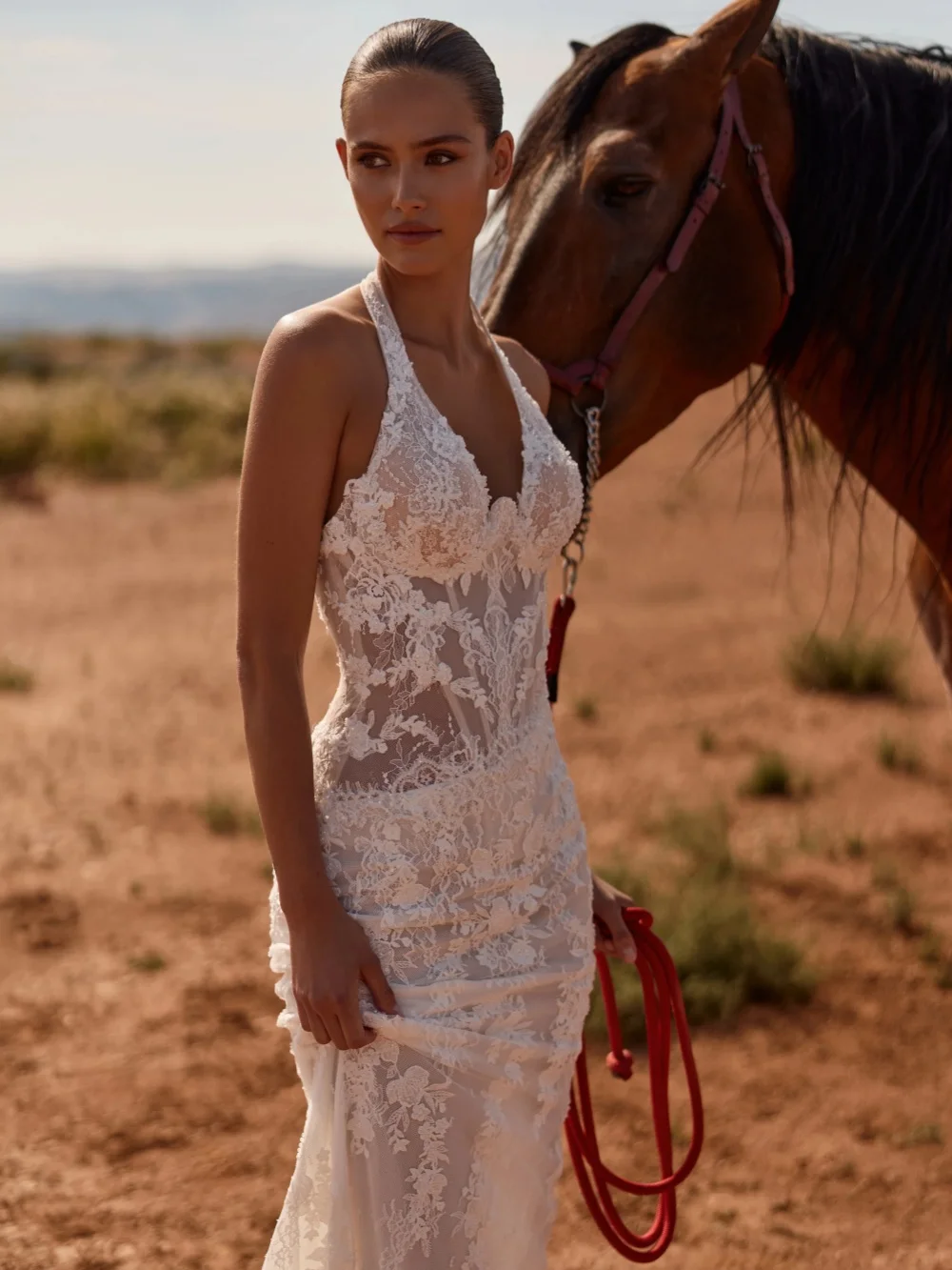 Delicate Floral Lace Halter Wedding Dress Exquisite Shinny Beaded Bridal Gown Customized Dreamy Mermaid Long Dresses For Bride