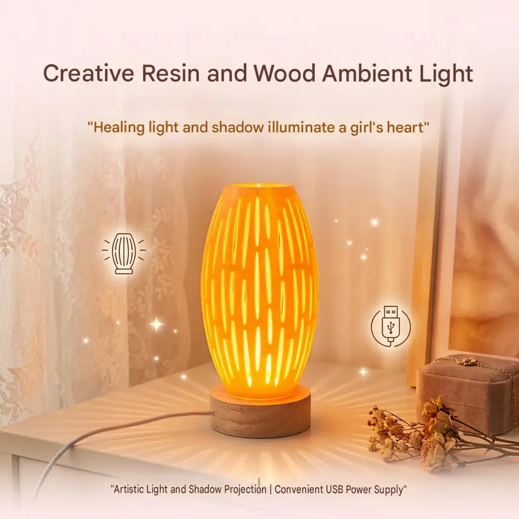 Modern Hollow Wooden Base Night Light USB Ambient Table Lamp Artistic Shadow Projector Aesthetic Bedroom Desk Decor Lamp