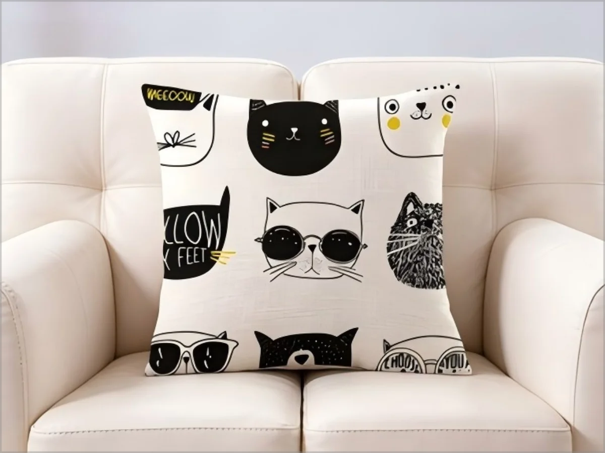 Niedlicher Katzen-Print Kissenbezug, Schwarz-Weiß Cartoon-Katzen Kissenhülle für Sofa Schlafzimmer Dekoration