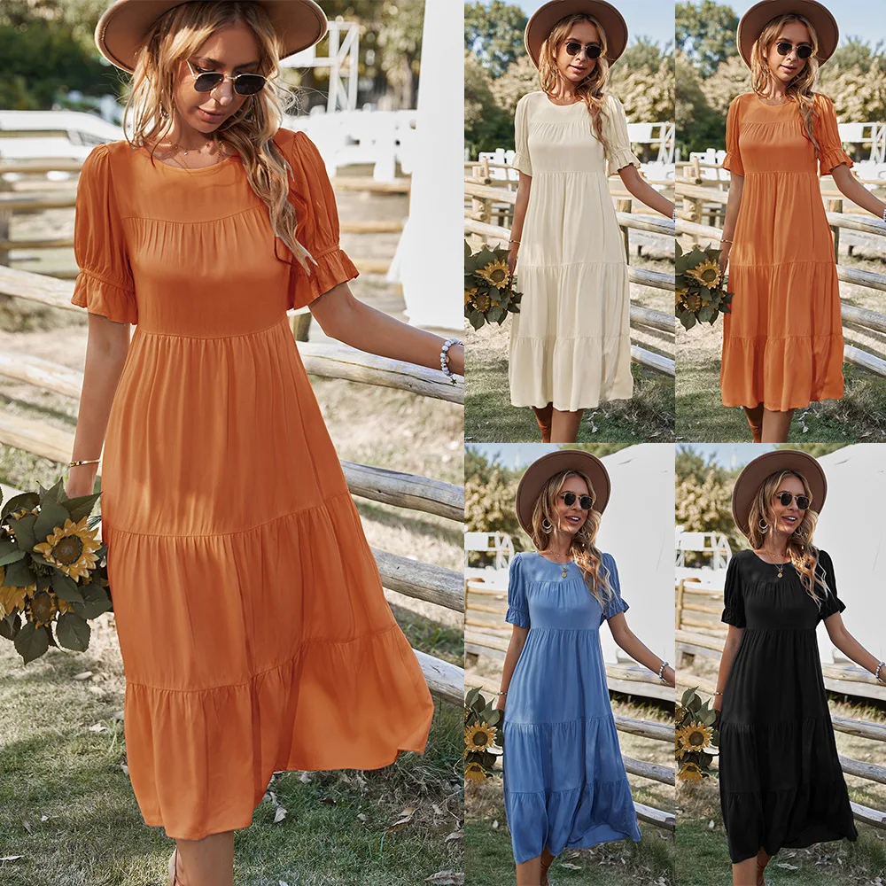 

Solid Color Casual Vacation Dress 2022 Spring And Summer Crew Neck Pendulum Skirt